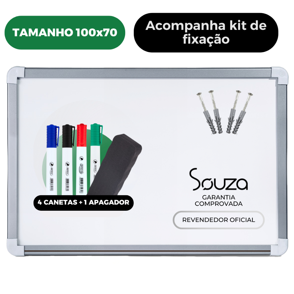 Quadro Branco 100x70cm Lousa Branca Standard Moldura MDF Cor Alumínio + 4 Canetas + 1Apagador