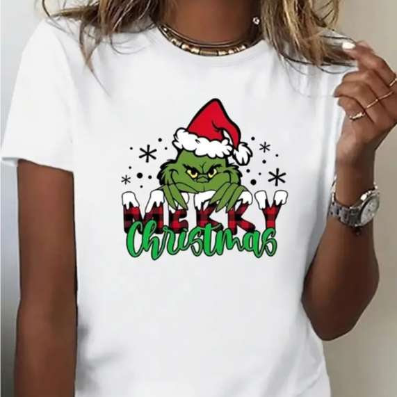 Camisa Estampada Básica Tema Natalino Unissex  Merry Christmas Grinch o Personagem Natal Camiseta Manga Curta Moda Verão