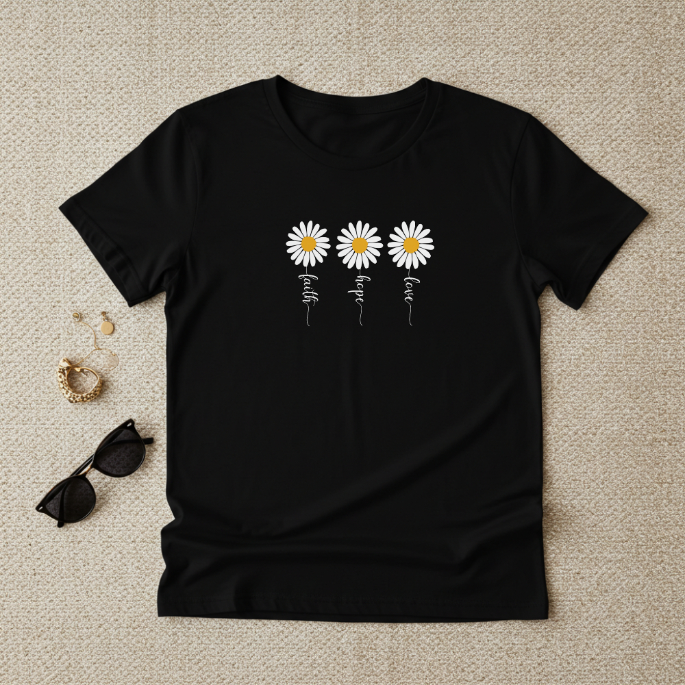 Blusa Feminina T-Shirt Margarida Flor Fofa Manga Curta Gola Redonda Tecido 100% Algodão Premium Novo