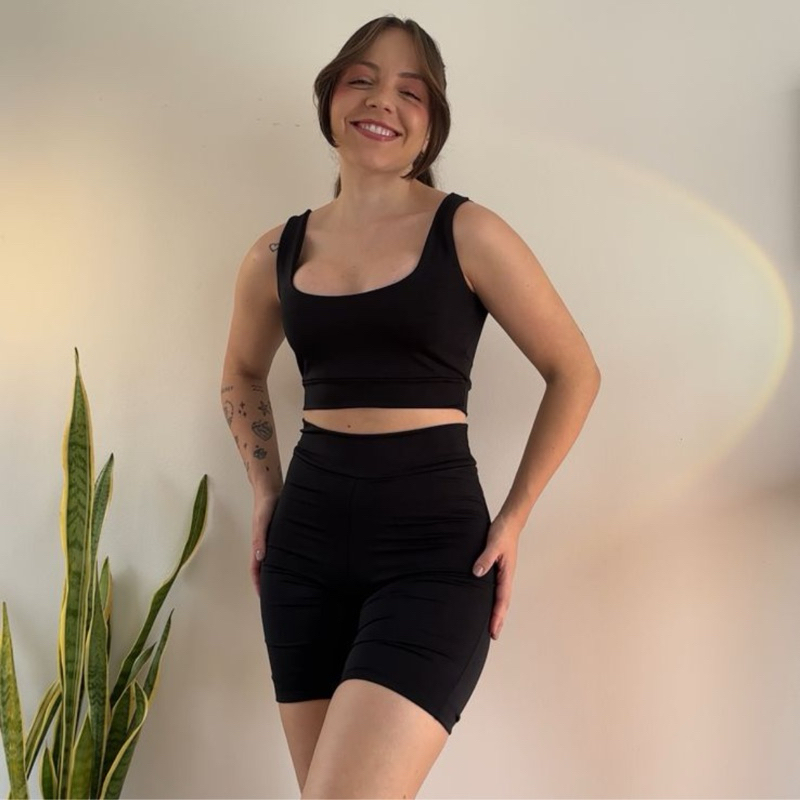Conjunto Fitness Feminino Top Alça Fina com Short Suplex Cintura Alta em Oferta na Shopee