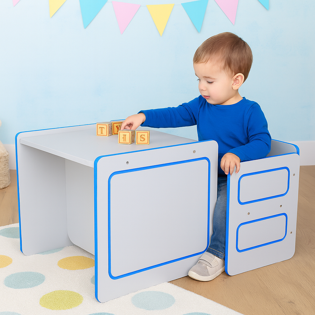 Conjunto Mesa Cadeira Cubo Montessoriana Bebê Infantil Criança Branca/Azul