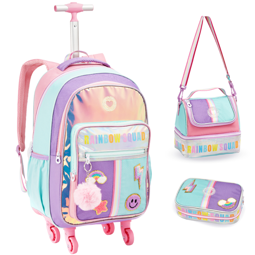 Mochila Infantil Menina Rodinha Escolar Rainbow Holográfica Com PomPom Kit Bolsa Feminina 3pcs Lancheira e Estojo