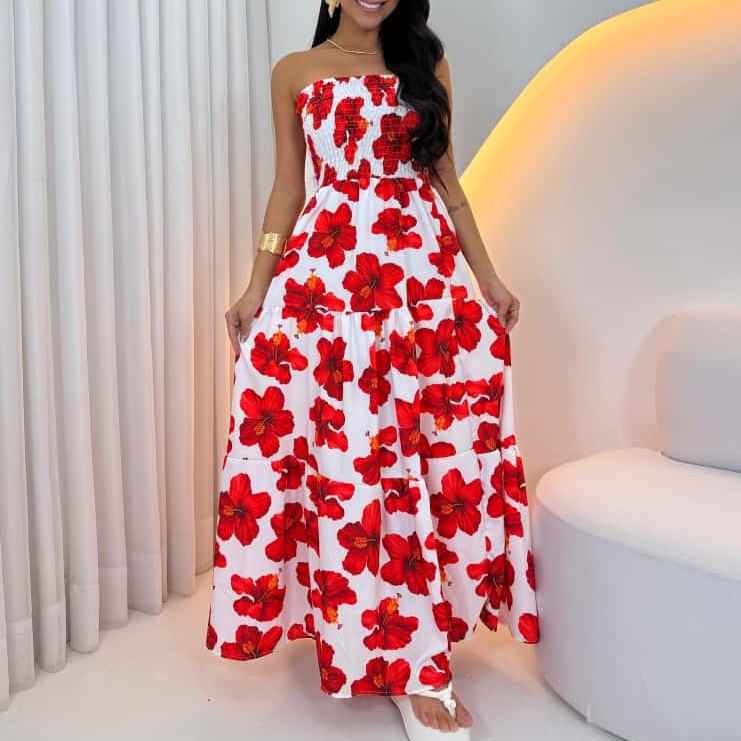 Vestido Longo Feminino Tomara Que Caia Lastex Floral