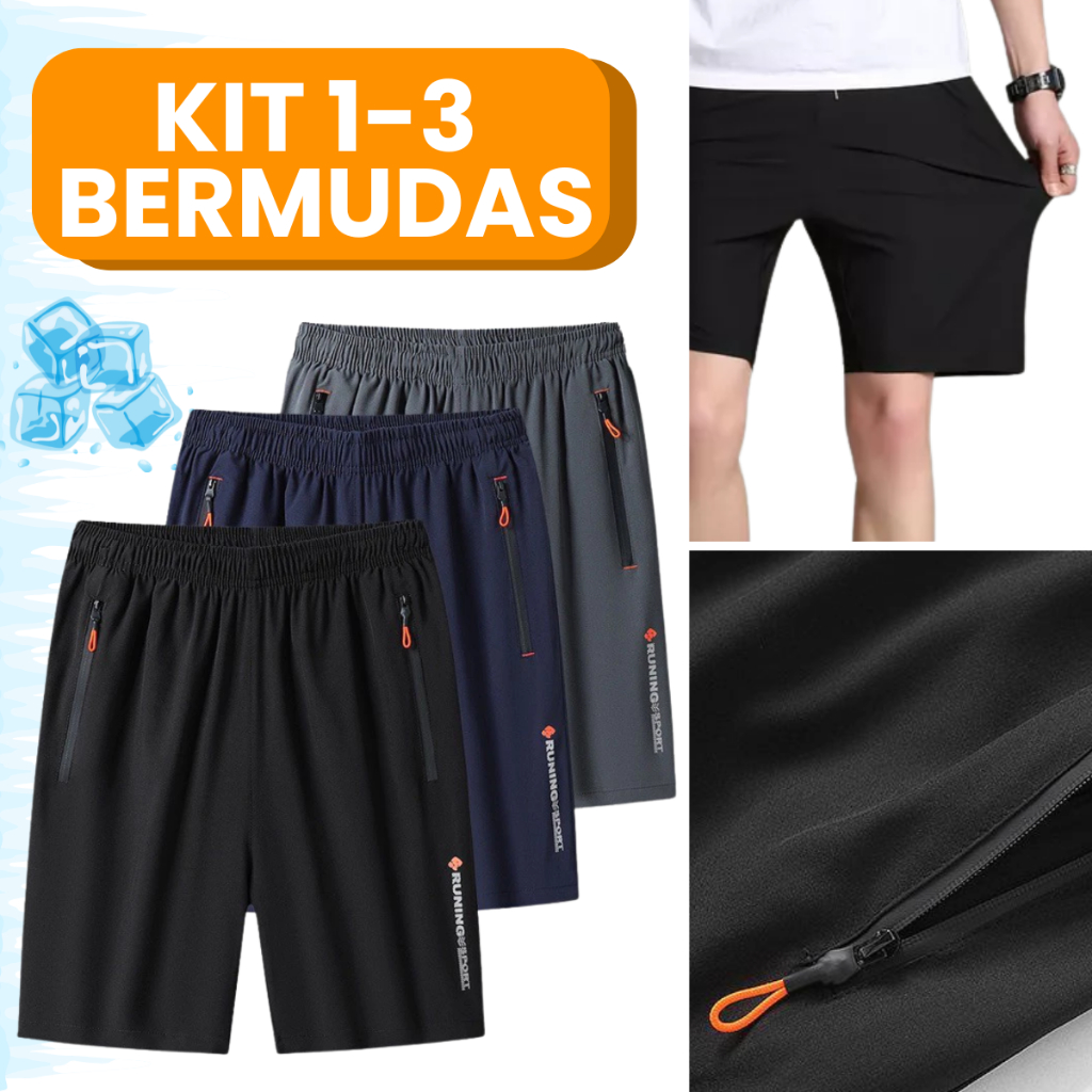 Kit 1-3 Bermuda Short Praia Dry-Fit Alto Padrão Bolso Zíper Masculino Academia Casual Treino Fitness Secagem Rápida Espo