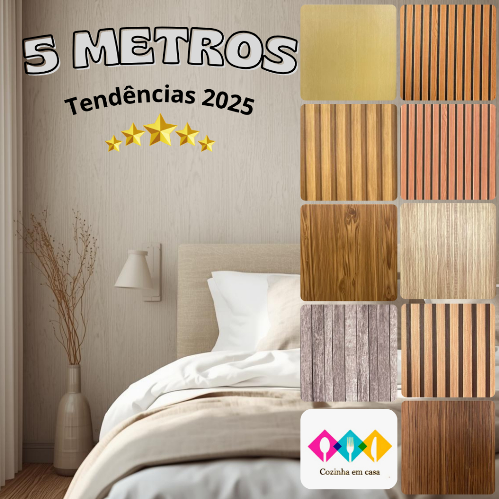 Papel de Parede Madeira 3D 5m x 45cm Autoadesivo Removível Fácil Aplicação Lavável Para Móveis Paredes Geladeira