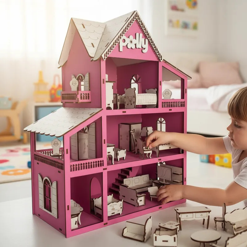 Casa De Boneca Mdf (Rosa) Com Kit Móveis em Oferta na Shopee