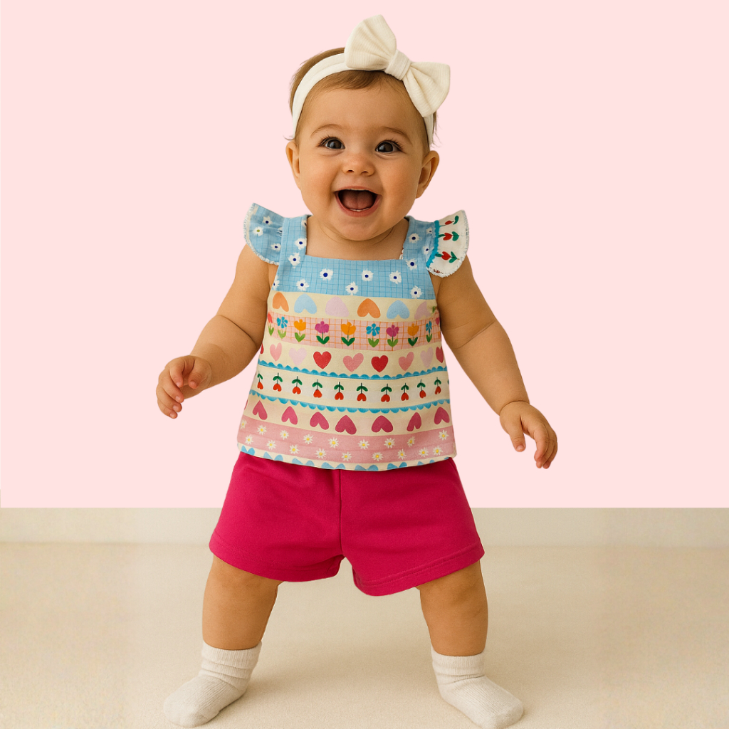 Conjunto Colorido Infantil Menina Alça Babado Estampado Coração Blusa Malha Fria Short Moletinho Algodão Verão