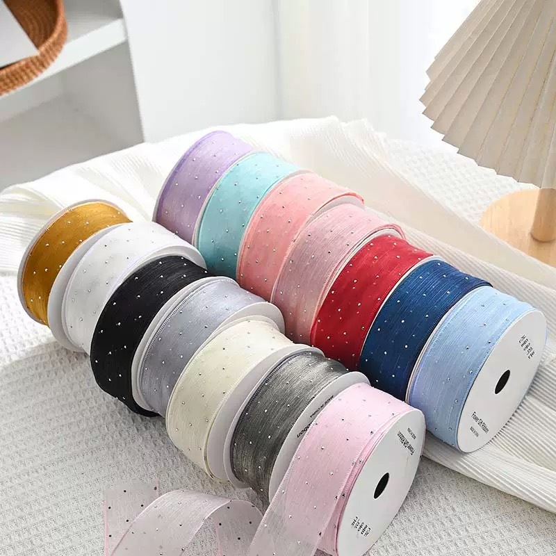 Fita de Organza Voal com Strass 38mm Diversas cores 9,1M Laços Artesanato Decoração