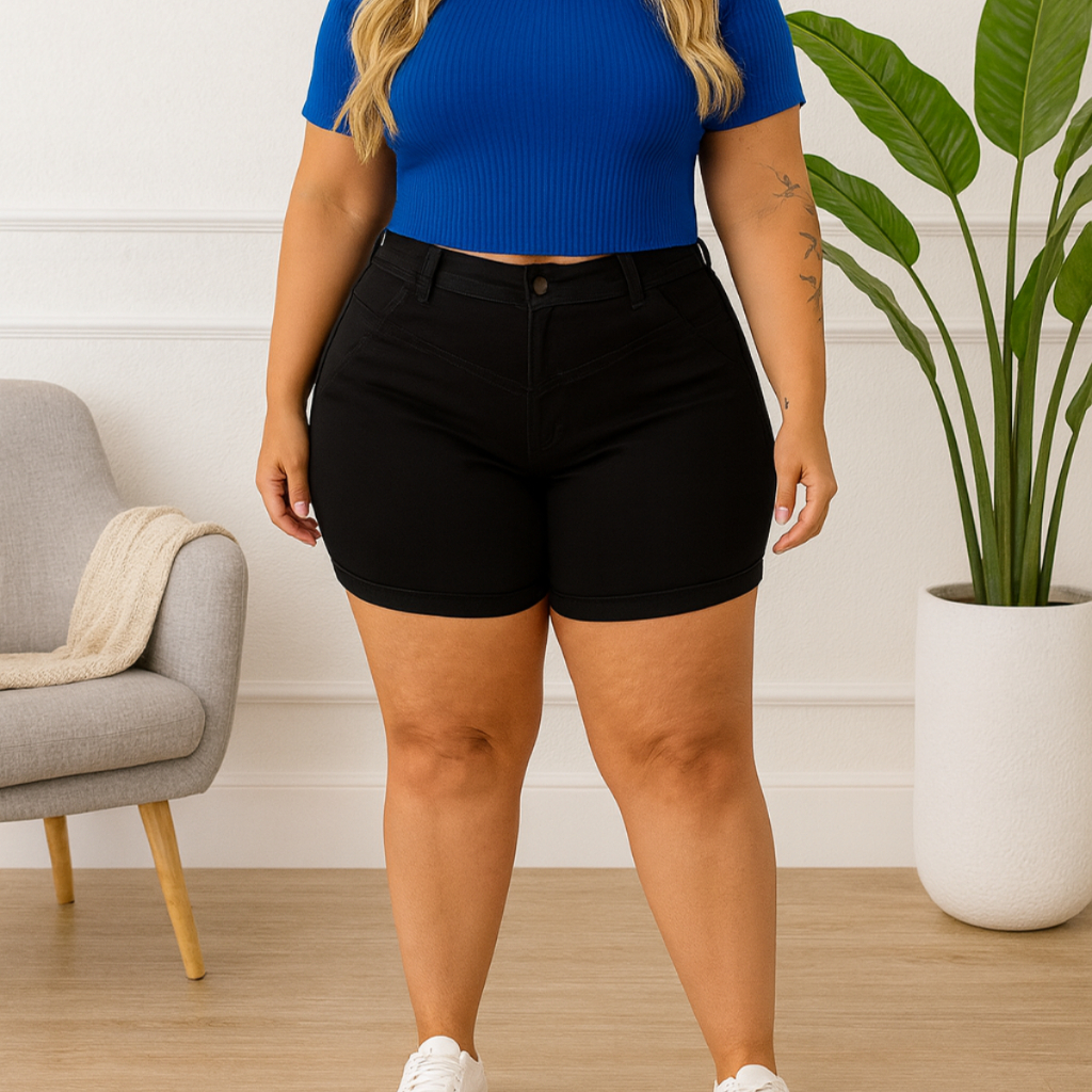 Short Jeans Feminino Plus Size Cintura Alta Com Lycra Meia Coxa Destroyed Stillger em Oferta na Shopee