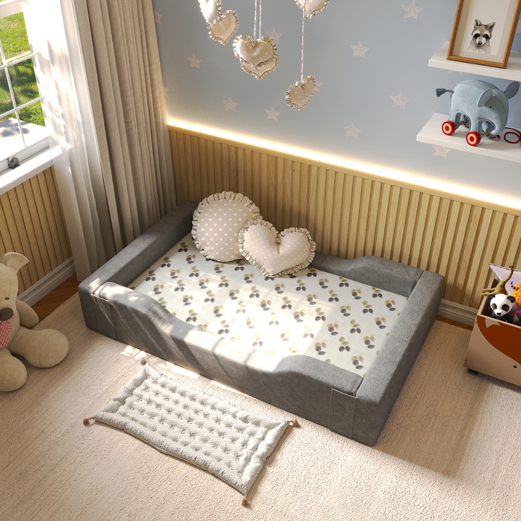 Cama Estilo Montessoriana tamanho berço macia 100% de espuma para bebê na cor cinza