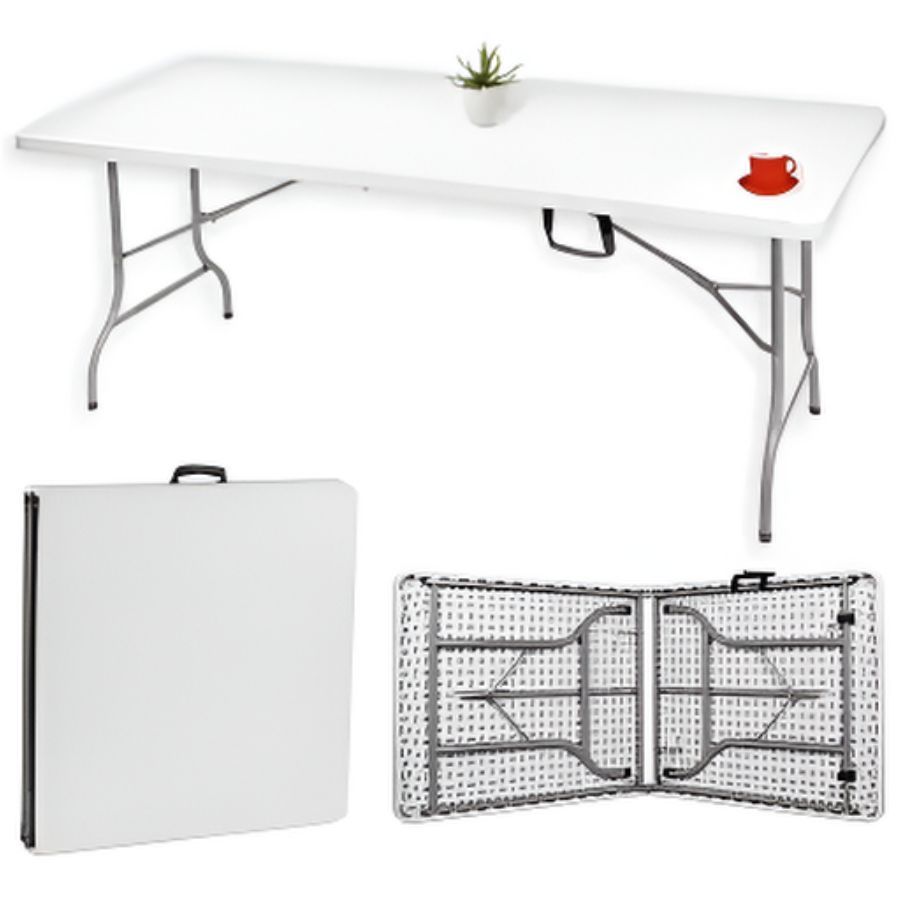 BODEN Mesa Dobrável Portátil Maleta Retangular Até 150 kg 180 cm Ambientes Internos e Externos Polietileno e Aço Alça