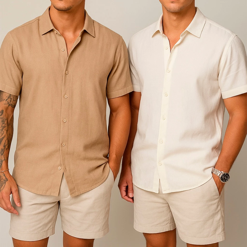 Kit 2 Camisas de linho Masculina para verão praia manga curta fresca moda — imagem 1