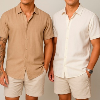 Kit 2 Camisas de linho Masculina para verão praia manga curta fresca moda em Oferta na Shopee