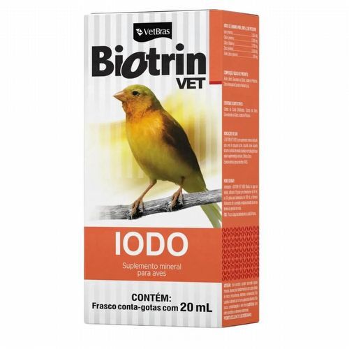 Biotrin Iodo 20ml Auxilia na Muda de Penas e Deficiência de Iodo Cálcio e Zinco Vetbras
