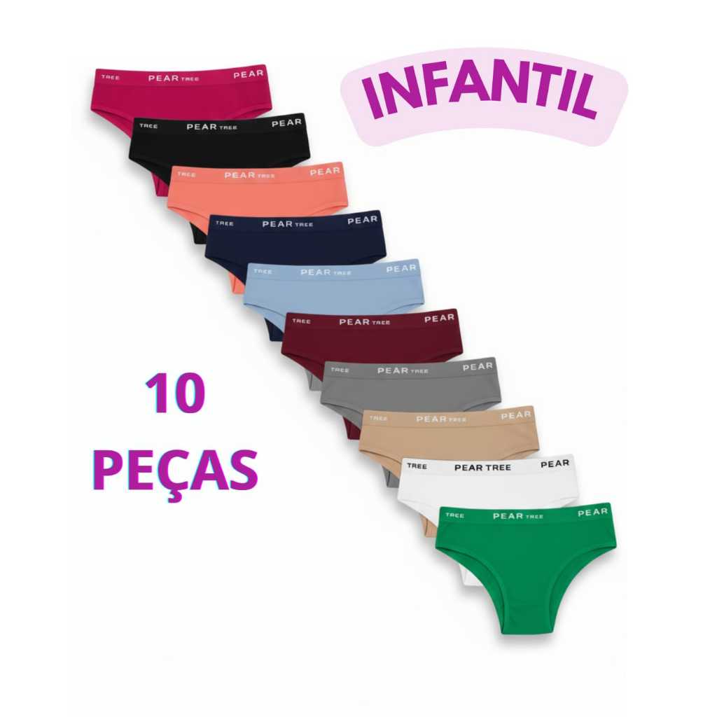 kit 10 Calcinhas Infantil de Algodão Juvenil Menina Moça Cós Alto Conforto
