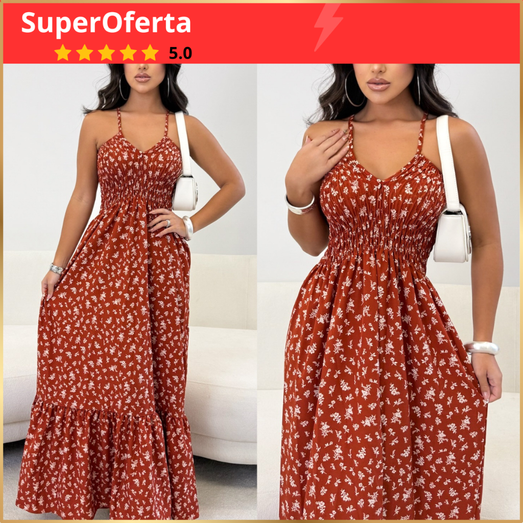 Vestido Lastex Busto Decote V Longo Alcinha Regulável Feminino Soltinho Primavera Verão Florido Estampado