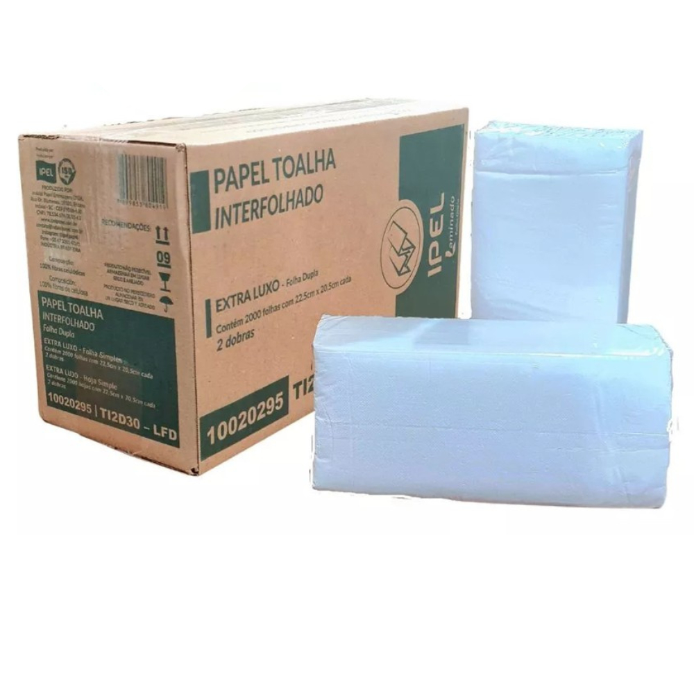 Papel Toalha Interfolhado Papel Interfolha Dupla Secar Mãos Ipel 2000 Folhas Extra Luxo 22,5cm x 20,5cm 100% Celulose