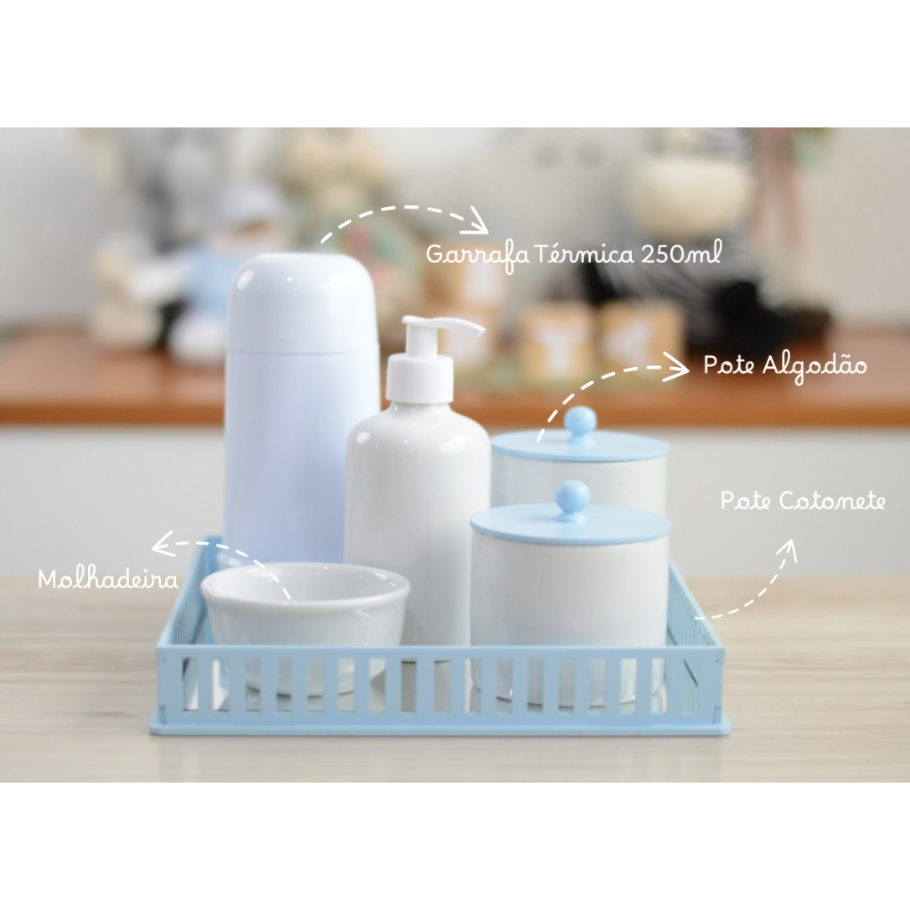 Kit Higiene Bebê Maternidade K209 Azul Meninos Decoração Quarto Infantil Pote Algodão Garrafa Térmica