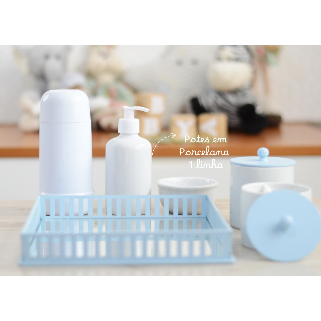 Kit Higiene Maternidade Infantil K209 Azul Bebê Decoração Quarto Potes Porcelana Algodão Cotonete Térmica