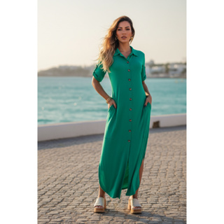 Vestido Chemise Longo Manga Curta Bolso Botões Moda Evangélica Inverno Amamentação Pós Cirúrgico Gestante Saída Praia em Oferta na Shopee