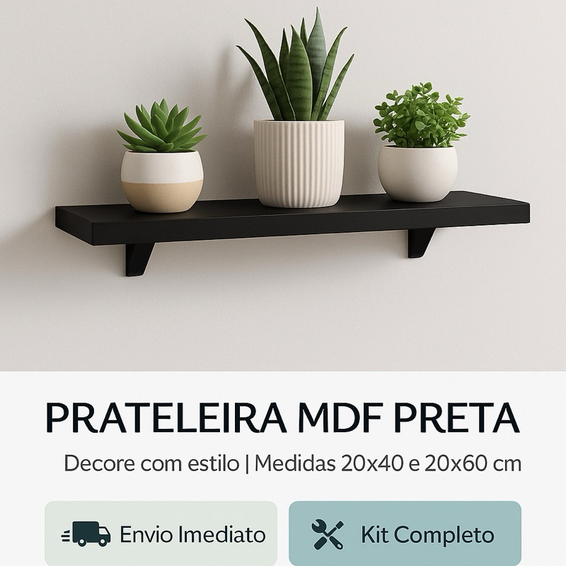 Prateleira na cor preta 20x60 cm acompanha suporte e parafusos.