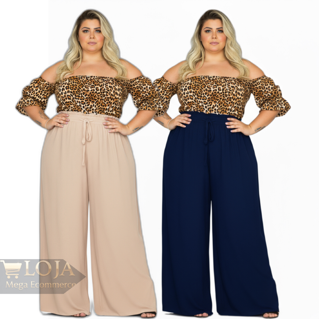 Pantalona com Forro Plus Size Wide Leg Elástico Cintura alta tecido Duna