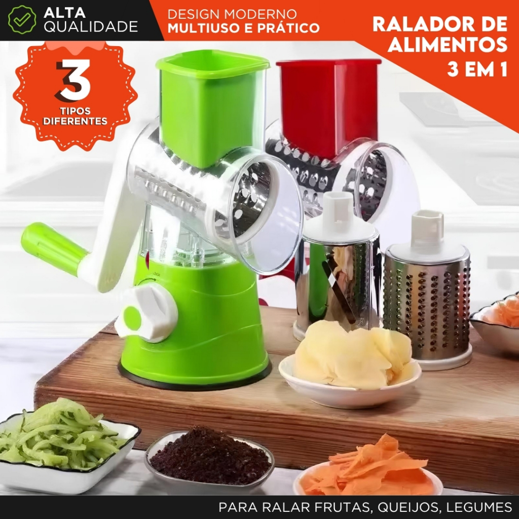Ralador de Legumes Giratório 3 em 1 Multiuso Manual com Ventosa e 3 Lâminas Para Queijo e Legumes MN