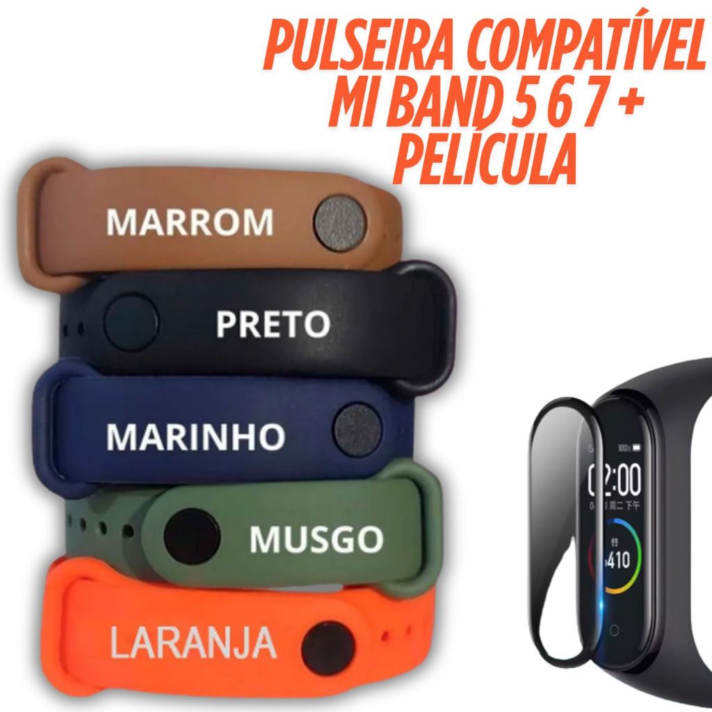 Kit 5 Pulseiras Pulseira Mi Band 5 6 7 Silicone Atacado Película Compatível Band 7 Miband 6