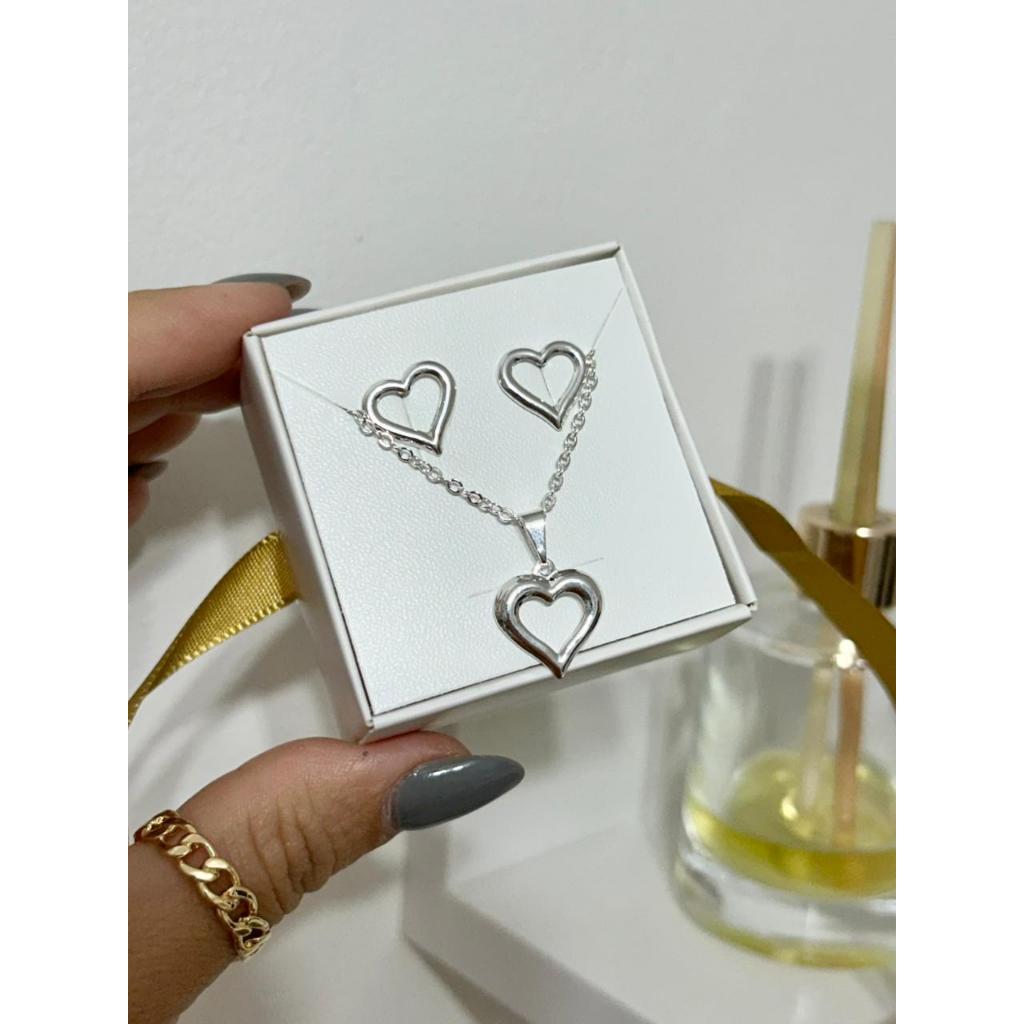 Brincos e Colar coração Prata 925 Conjunto Feminino Moderno minimalista elegante coração flor para presente