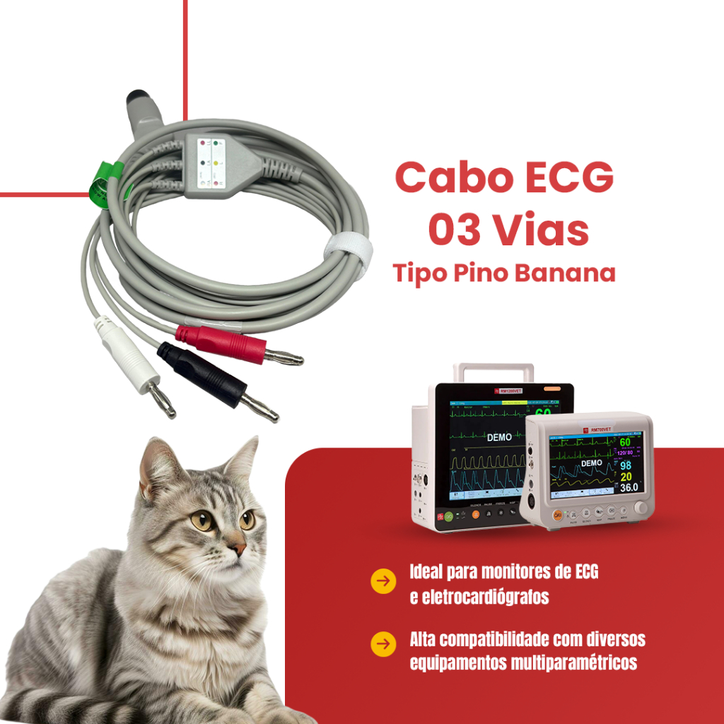 Cabo ECG 3 Vias Veterinário Tipo Pino Banana Compatível com Monitores Cardíacos
