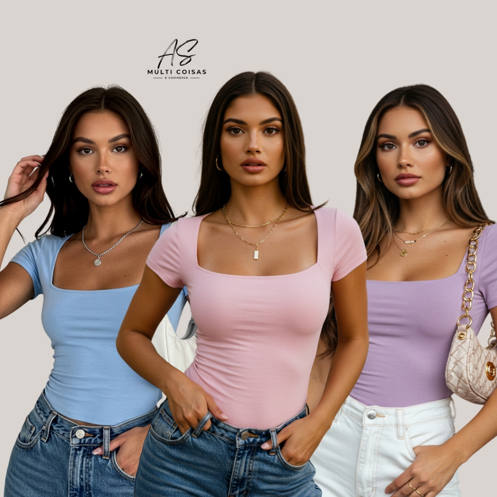 KIT COM 3 BLUSINHA BABY LOOK MANGA CURTA COM DECOTE QUADRADO NO TECIDO SUPLEX BÁSICA em Oferta na Shopee