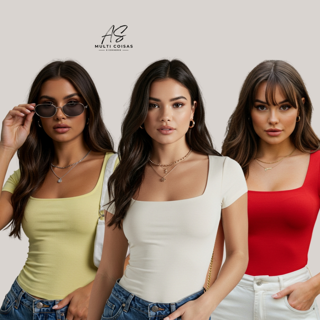 Detalhes do Kit 3 Blusinha Baby Look - Tecido Suplex Elastano Confortável Básica Faculdade Trabalho Moda Feminina