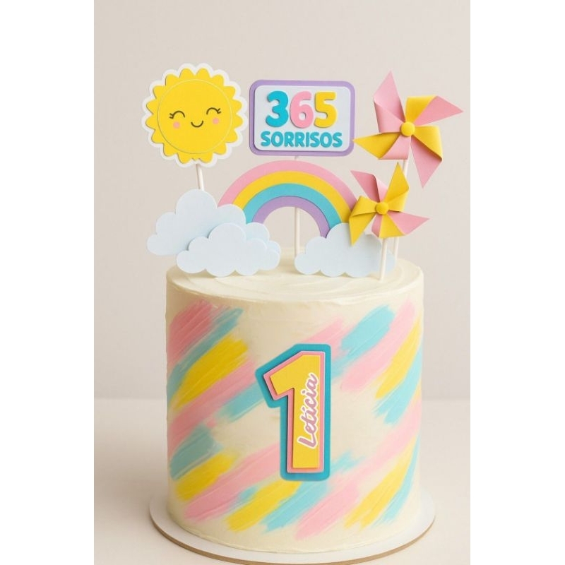 Topo / Topper de Bolo 365 Sorrisos Menina Personalizado - Festa Aniversário, Mesversário