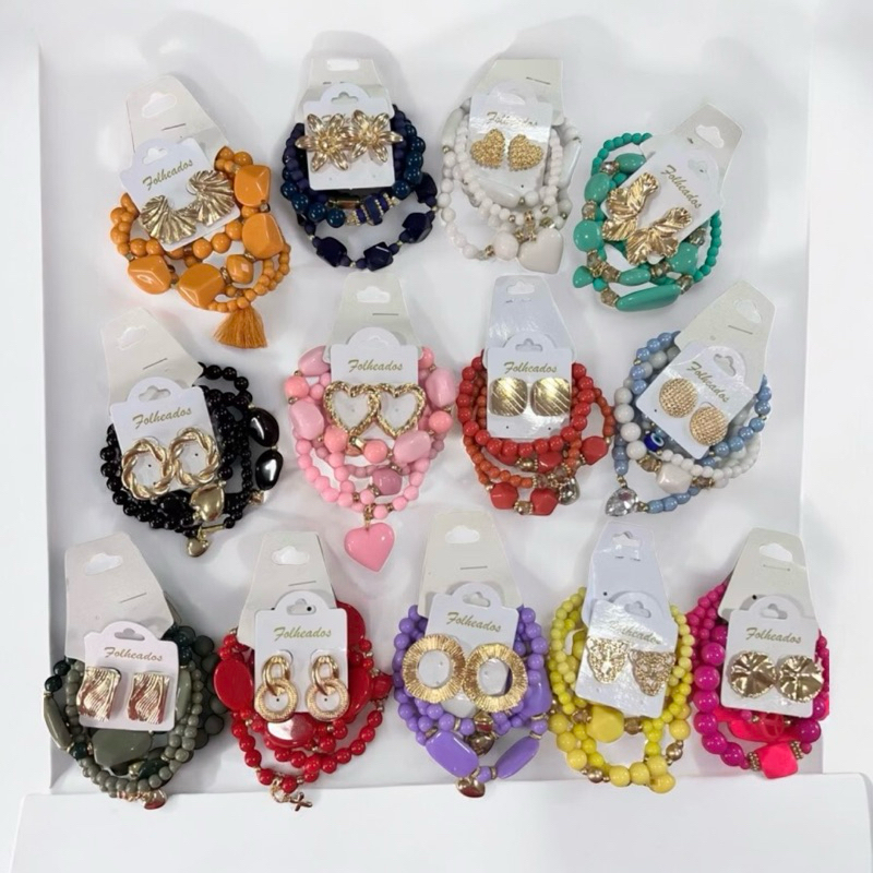 1 mix pulseiras miçangas e 1 brinco folheado a ouro bijuteria feminina elegante sofisticado sortidos