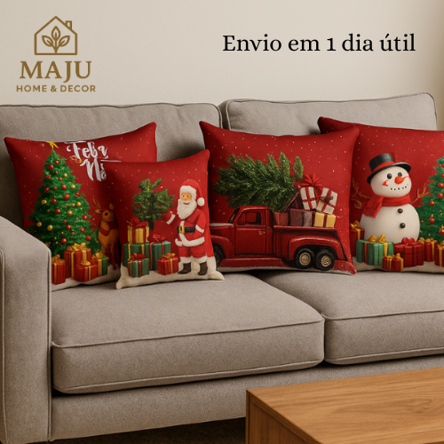 Kit 4 Capas de Almofada Natalinas 45x45cm Estampadas em Microfibra com Zíper Decoração Natal