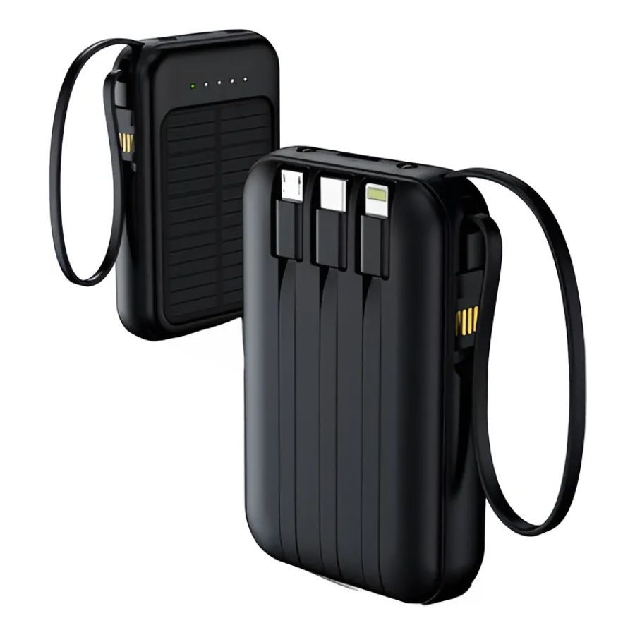 Power Bank Minimen Solar 10000mAh Rápido com USB-C e 4 Cabos Embutidos PRETO