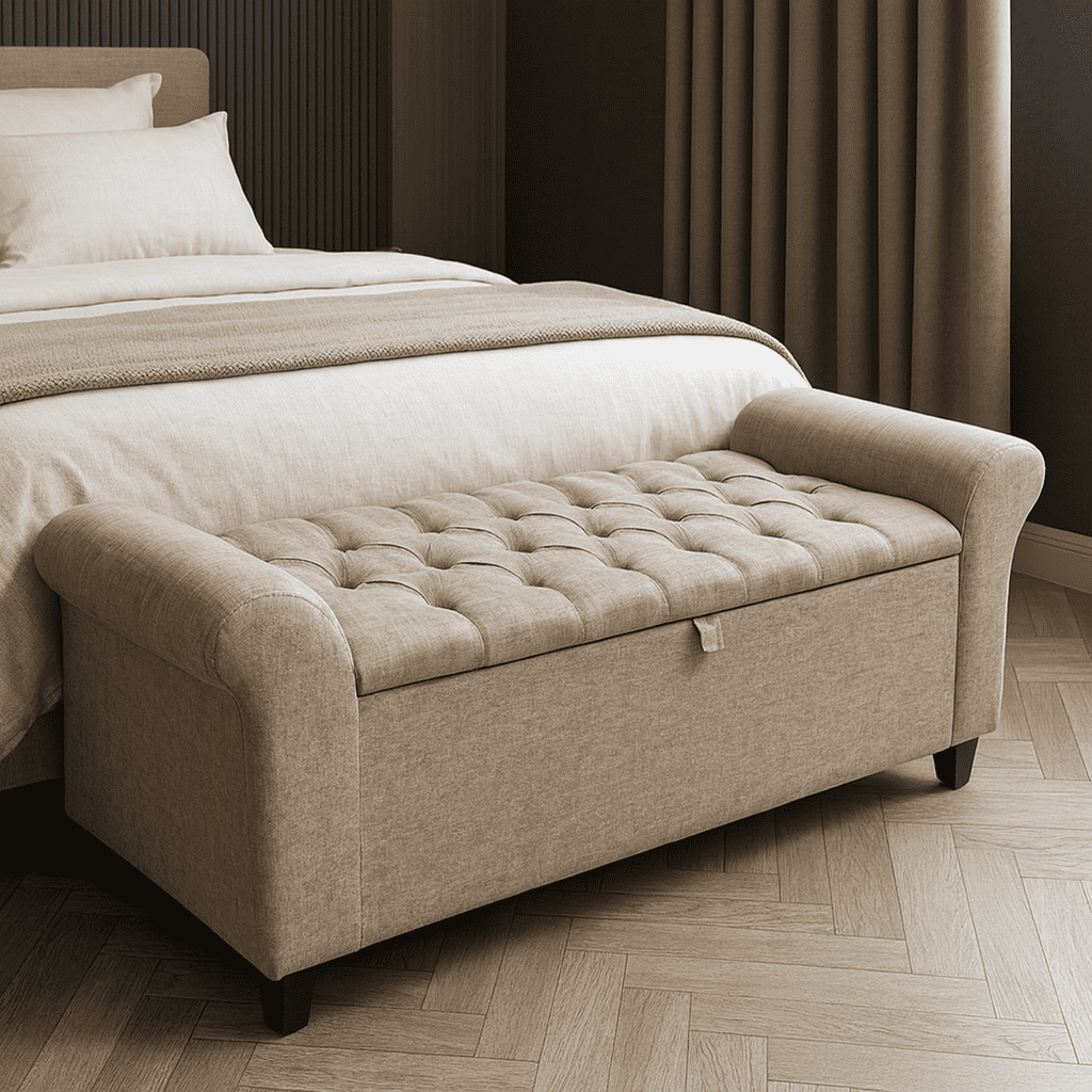 Baú Recamier Divã Paris Capitonê 150 cm Organizador Estofado Em Linho Estrutura em Madeira Para Cama Queen Quarto - AV