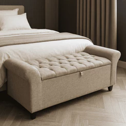 Baú Recamier Divã Paris Capitonê 150 cm Organizador Estofado Em Linho Estrutura em Madeira Para Cama Queen Quarto - AV