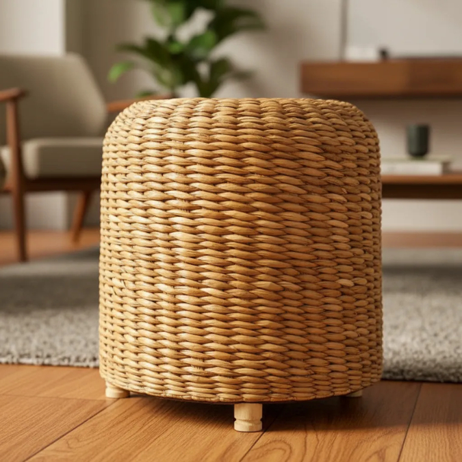 Puff Redondo Decorativo Taboa Natural Rustico Pé De Madeira
