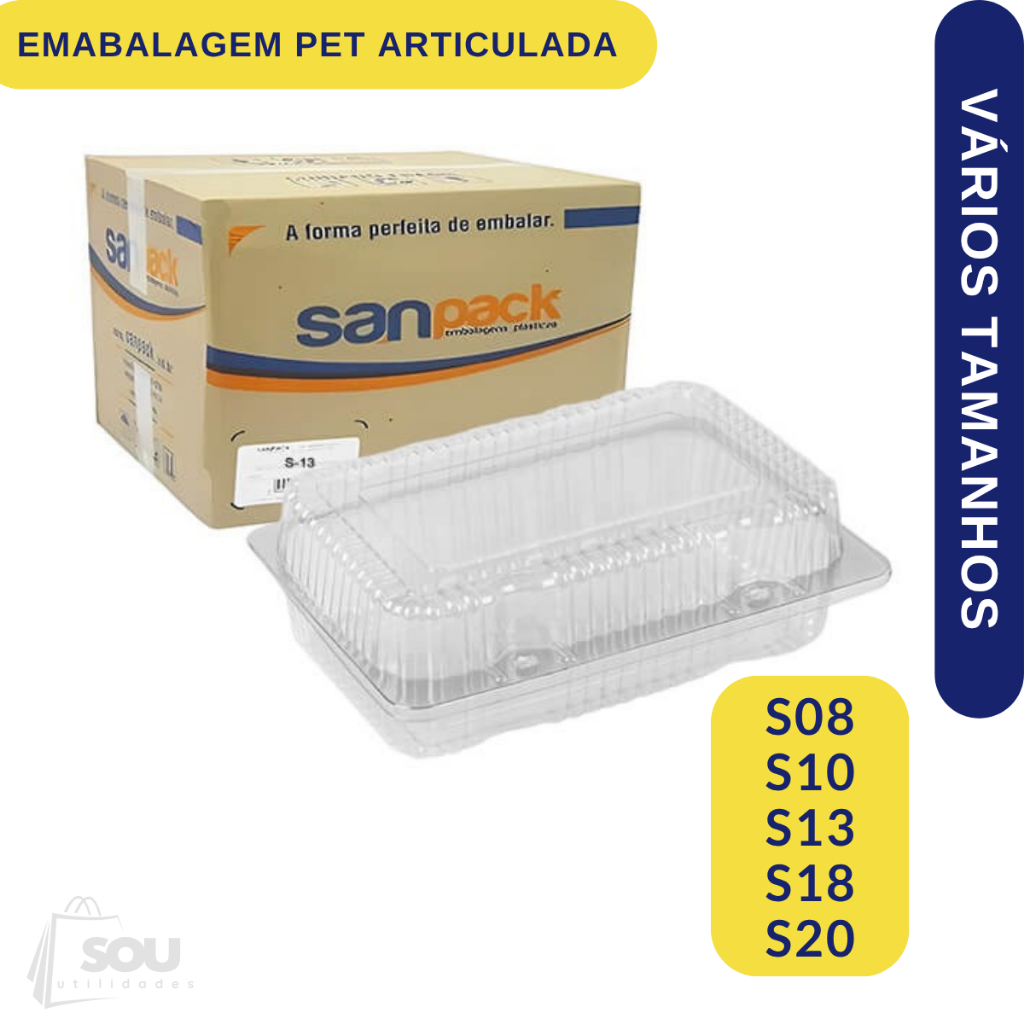 100 Unidades Embalagem Retangular Articulada PET Sanpack Vários Tamanhos