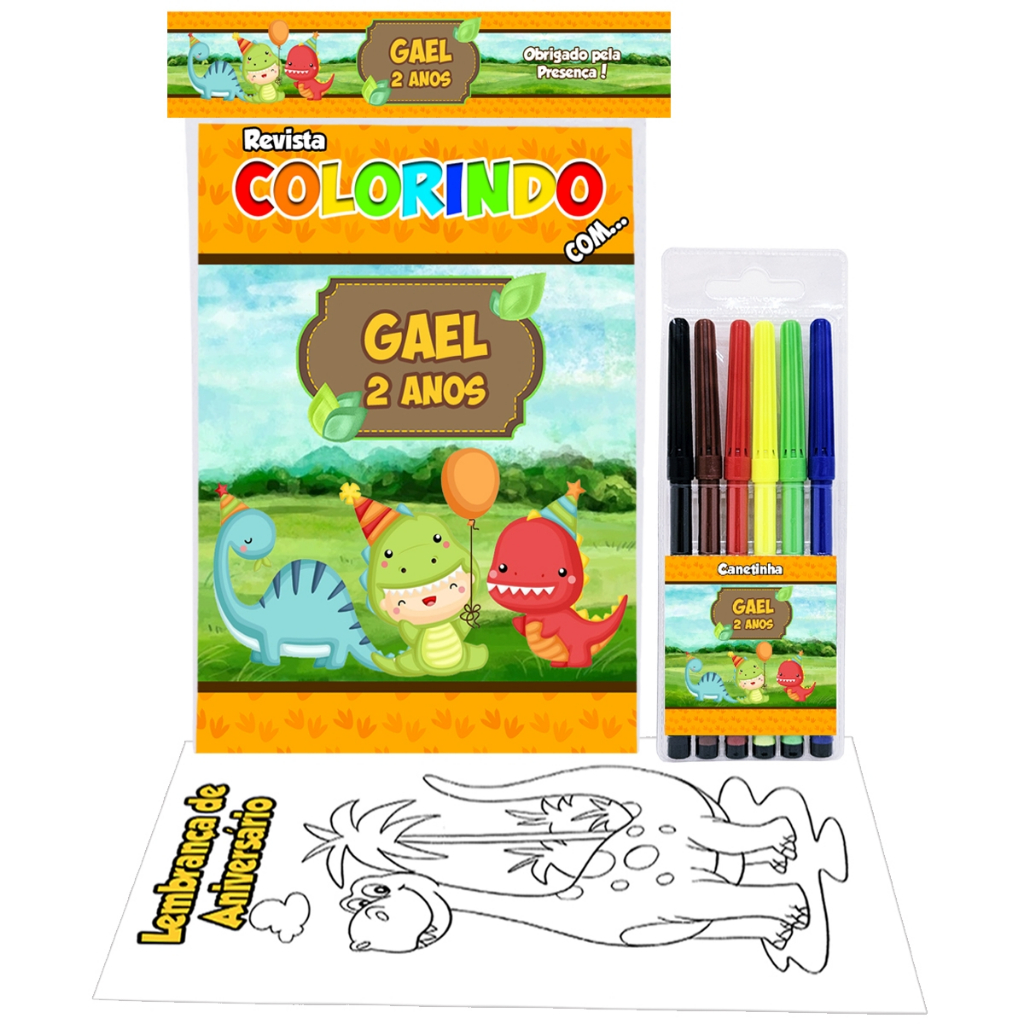 5 Livro de Colorir + Canetinha Dinossauro Baby Lembrancinhas Personalizadas Festa Infantil