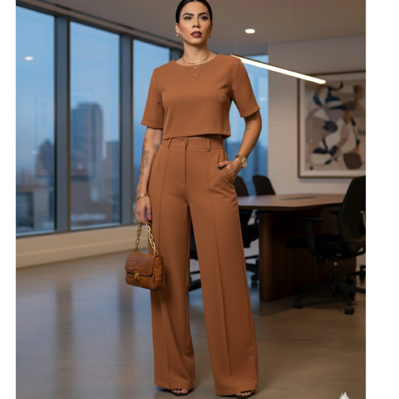 Conjunto feminino Elegante | Calça pantalona | Croped | Alfaiataria | Bolsos | Botão | Zíper | 2025 em Oferta na Shopee