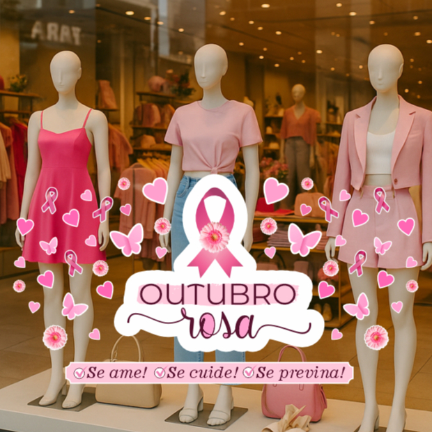 Adesivo Vitrine Outubro Rosa – Se Ame, Se Cuide, Se Previna – Vinil de Alta Qualidade