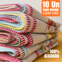 Kit 10 Panos de Prato Estampados 100% Algodão Grosso com Viés Reforçado 65x40 cm