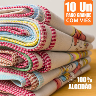 Kit 10 Panos de Prato Estampados 100% Algodão Grosso com Viés Reforçado 65x40 cm