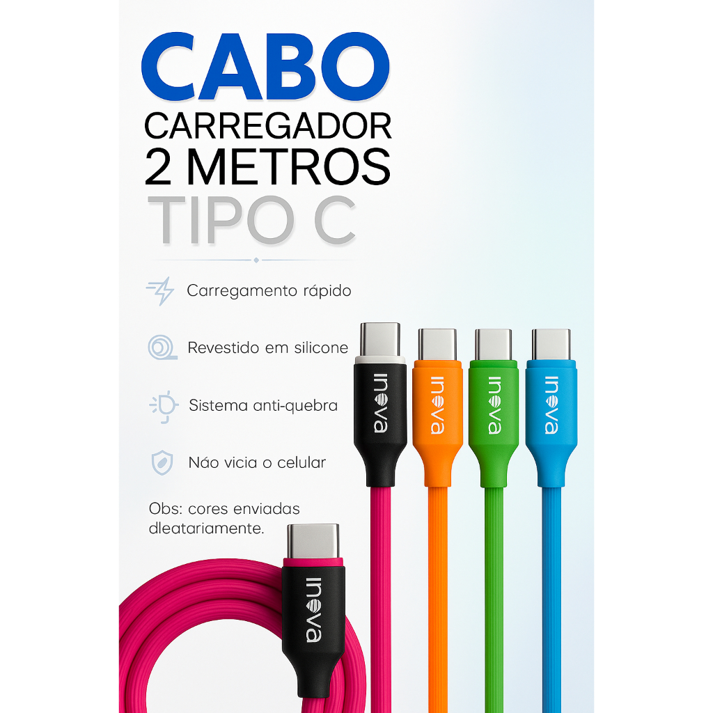 Cabo Tipo C Inova 2m Silicone Reforçado Original Carregamento Rápido Anti Quebra em Oferta na Shopee