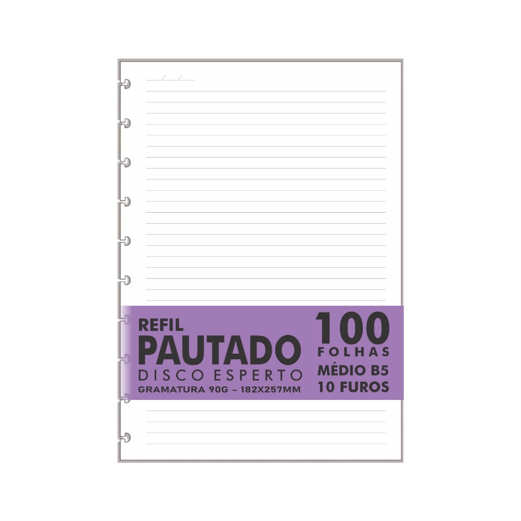 Refil Genérico Pautado Compatível Caderno Discos / Inteligente 100 Folhas Médio B5 10 Furos 90g