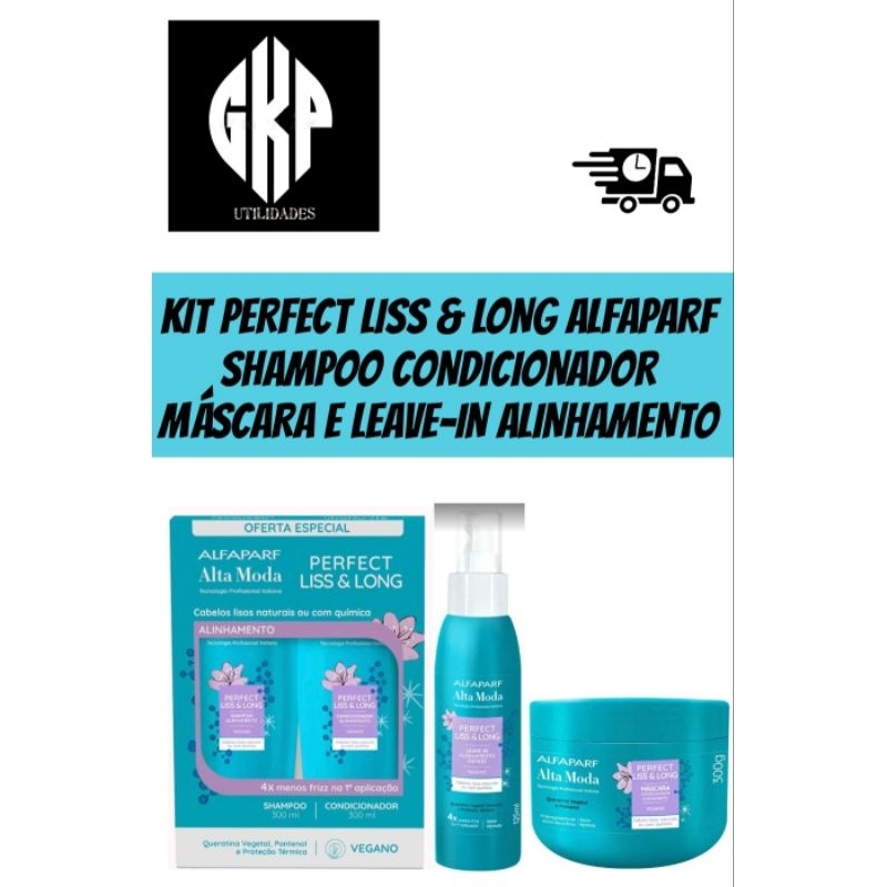 KIT ALFAPARF PERFECT LISS & LONG SHAMPOO 300ML CONDICIONADOR 300ML MASCARA 300ML + LEAVE-IN ALINHAMENTO RÁPIDO 125 ML