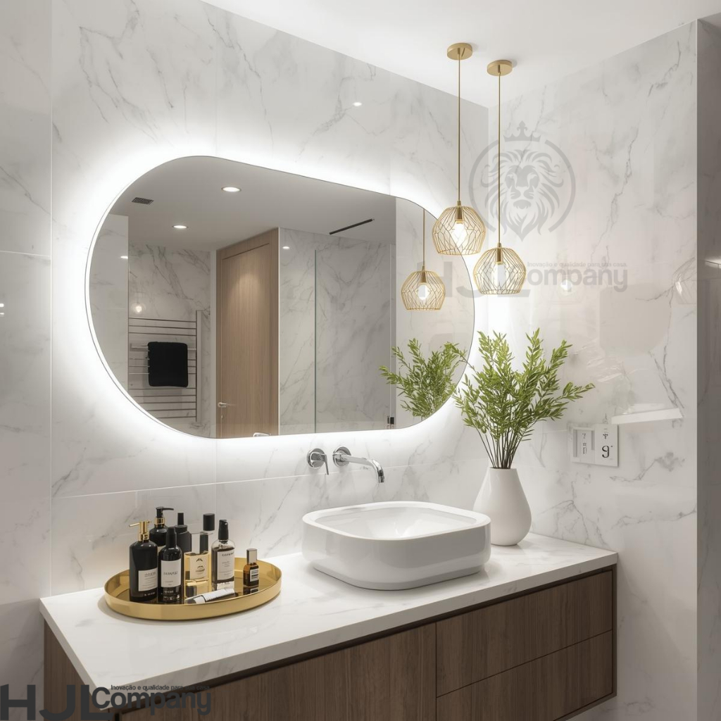 Espelho Oval com LED Bivolt Moderno – Iluminação Frontal para Banheiro, Quarto e Penteadeira