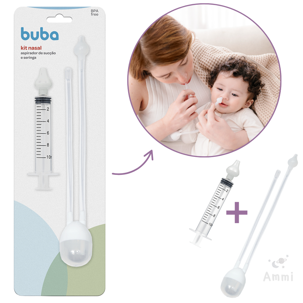 Kit Aspirador Nasal Bebê + Seringa Com Ponta de Silicone Buba – Limpeza Nasal Suave e Segura